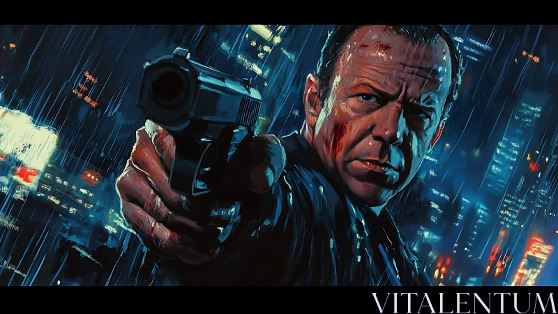 Rain-soaked close-up of wounded gunman in neon city alley