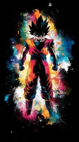 Explosive ink-splash warrior amid cosmic color field.