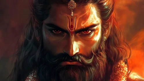 Mythic warrior portrait rendered in high-contrast digital painting