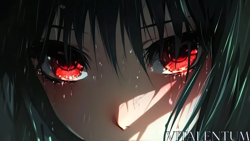 Anime close-up portrait with luminous red eyes and wet lighting.