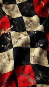 Weathered red black cream checkered textile folds in motion.