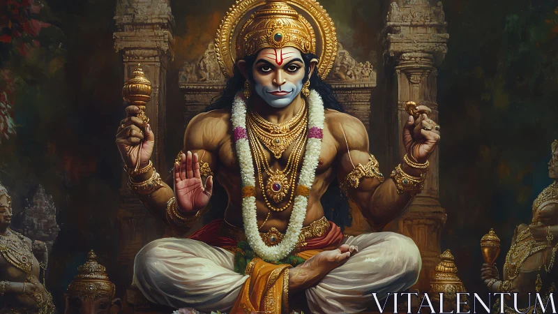 Digital painting of Hanuman deity in ornate temple shrine