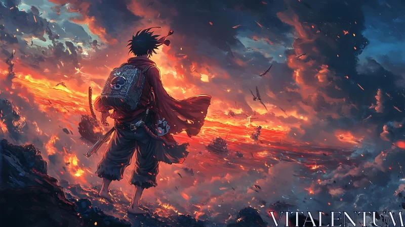 Solitary warrior overlooking incendiary oceanic battlefield.