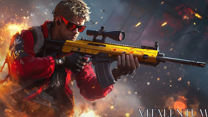 Cyber shooter aims custom yellow rifle amid firestorm.