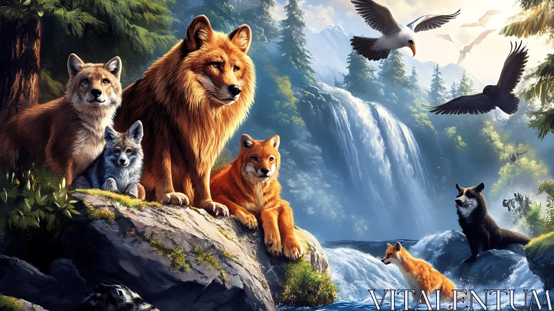 Wildlife Family in Mountain Landscape with Eagles