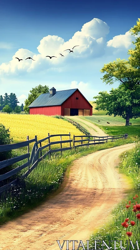 Country dirt road curving past red barn under blue sky.