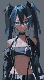 High-contrast cel-shaded anime girl in black leather streetwear