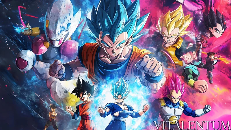 Blazing Saiyan storm collides with cosmic neon battlefields.