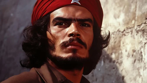 Rebel portrait under harsh light with red star turban