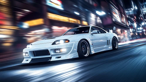 White modified sports coupe on motion-blurred city street.
