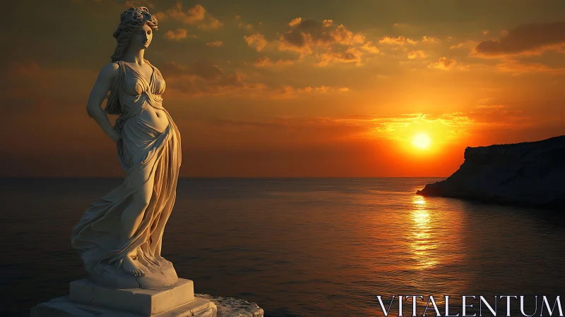 Graceful seaside statue glowing in a golden sunset glow.