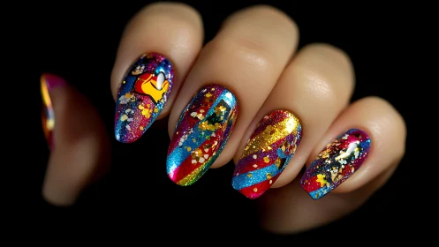 Vibrant holographic nail art with bold glitter accents.