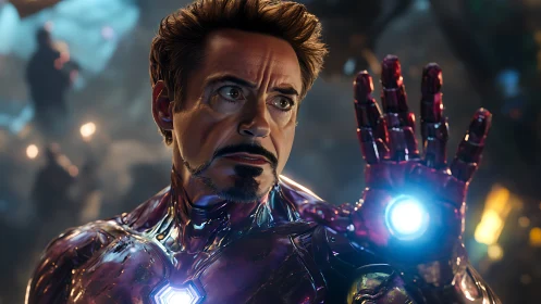 Armored hero raises glowing gauntlet amid cinematic bokeh field