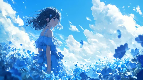 Soft summer sky welcomes a girl wandering in blue flowers