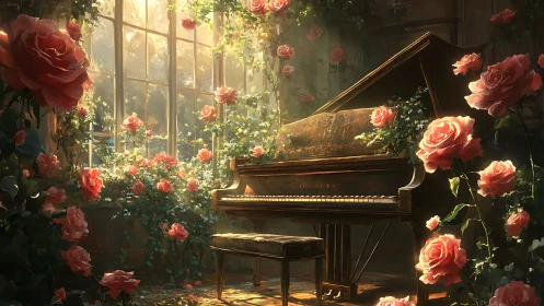 Sunlit roses gently surround a grand piano in quiet bloom