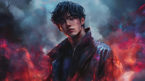 Brooding lone figure emerges through crimson stormfire