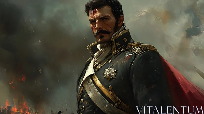 Battle-scarred general in ornate uniform amid smoke and embers
