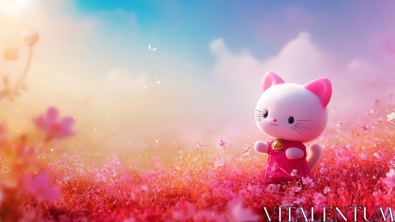 Pink cartoon cat figure in stylized flower meadow landscape.