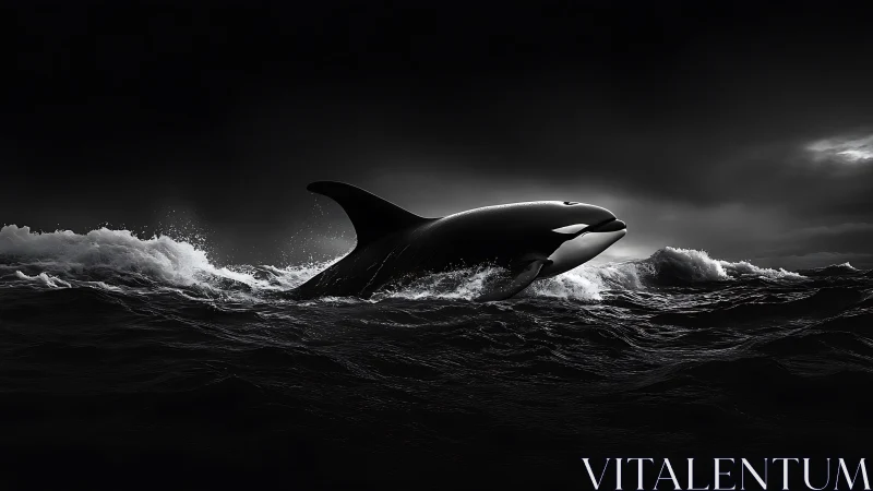 Orca breaching stormy monochrome ocean at night.
