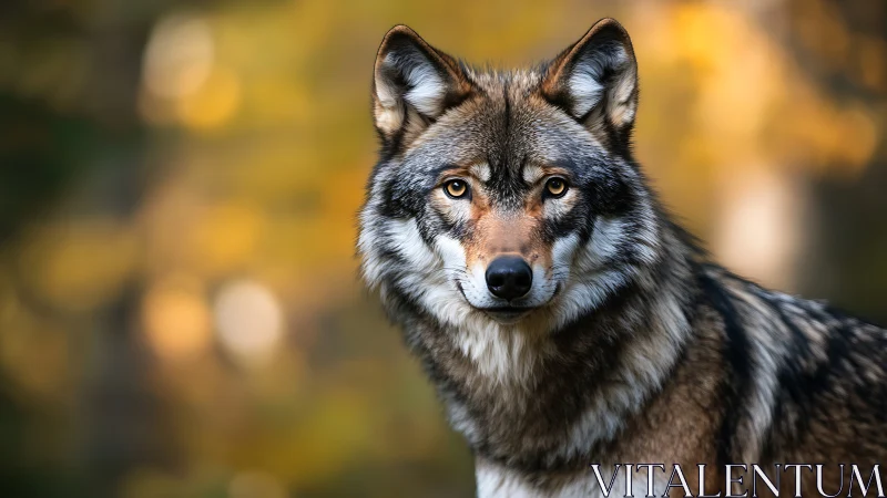 Wolf faces camera in sharp focus against blurred forest background