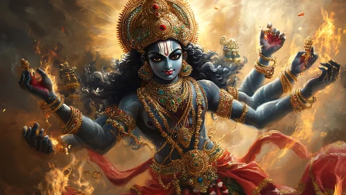 Fiery blue goddess rises in swirling gold and sacred power