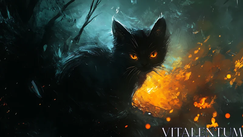 Black cat silhouette glows beside swirling inferno embers.