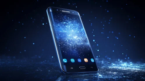 Curved AMOLED smartphone amid luminous particle field simulation.