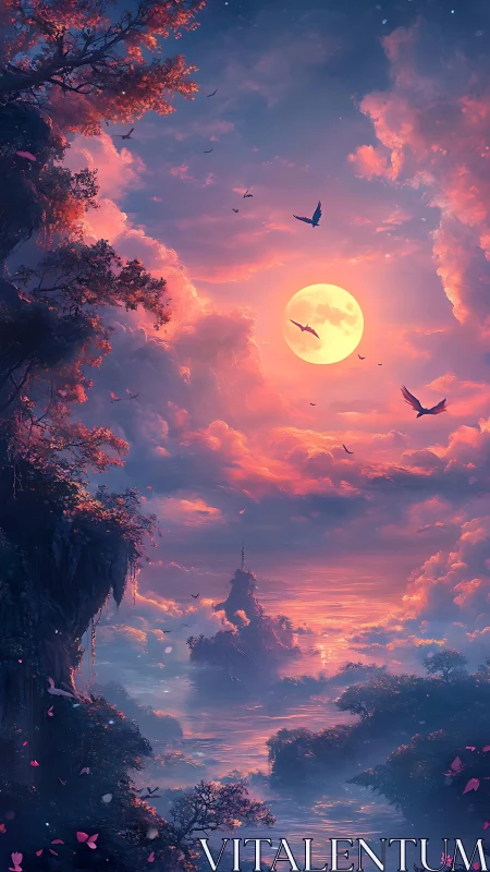 Luminous fantasy valley under oversized moon with atmospheric depth