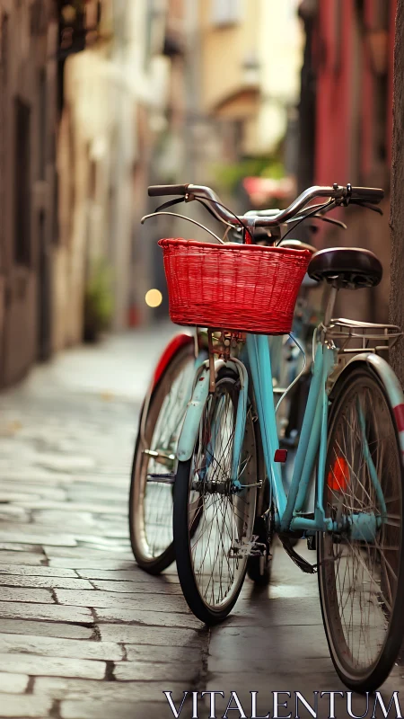 Vintage Bicycle with Red Basket on European Cobblestone Street.