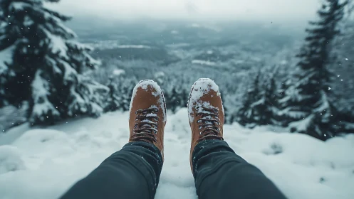 Snow-dusted boots dangling above a misty winter valley.