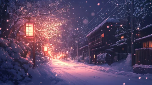 Snow-laced lantern street hums softly beneath winter dusk