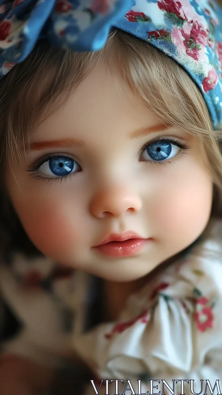 Blue-eyed child portrait with floral headband and dress.