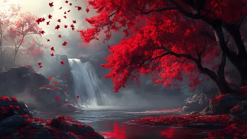 Spectral waterfall under saturated crimson arboreal canopy.