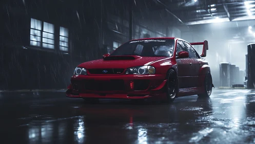 Red tuned Subaru WRX in cinematic rainy warehouse lighting.
