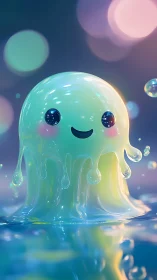 Smiling glossy slime character in glowing liquid scene.