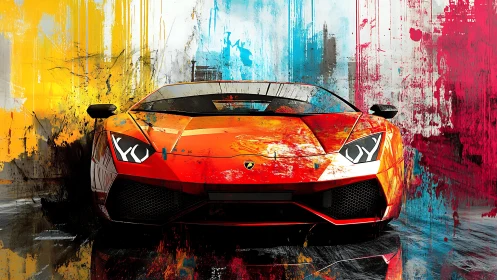 Flaming supercar crowned in splattered street-paint glory.