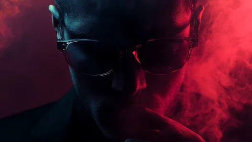 Low key portrait in red volumetric fog with rim lighting.