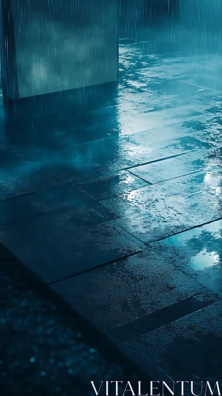 Wet stone pavement reflects rain under diffuse blue light.