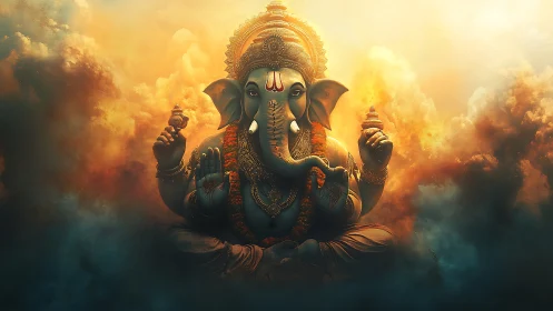 Divine Ganesha portrait glows within swirling golden clouds.