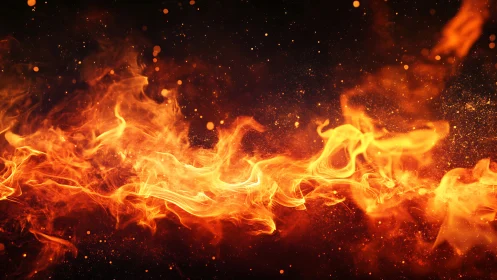 Intense Fire and Flames with Sparks on Black Background.