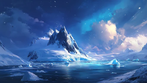 Glacial spire under auroral sky unites light and frozen sea