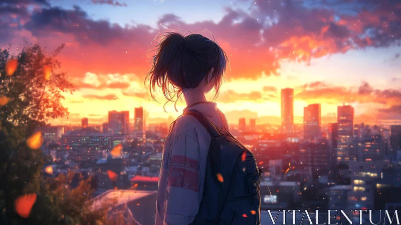 Twilight student gazes over ember-lit city horizon in hush.