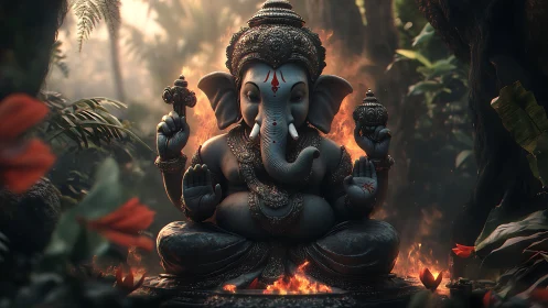 Divine elephant deity statue glows amid mystical jungle flames