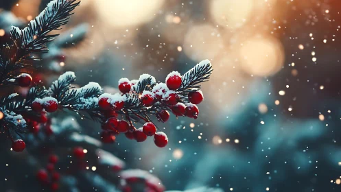 Snow dusted red berries glow softly in a winter twilight