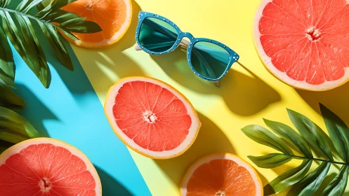 Sliced grapefruit, sunglasses and leaves arranged on colored surface
