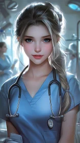 Stylized medical professional in blue scrubs portrait.