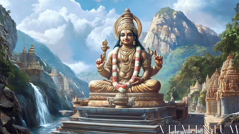Digital rendering depicts seated deity amid detailed mountains