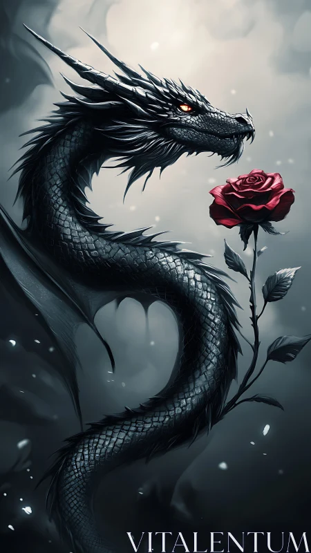 Ebony dragon curls around crimson rose in misted dusk