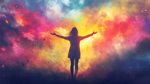 Joyful silhouette embracing a glowing rainbow universe.