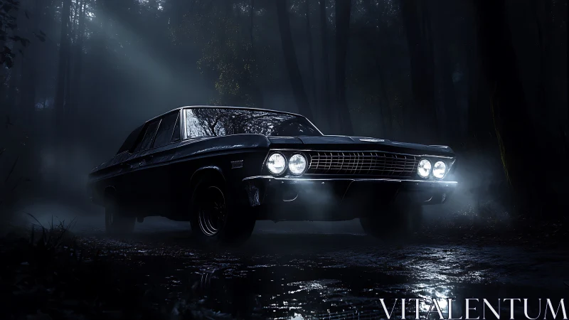 Classic black sedan cuts through misty night forest road